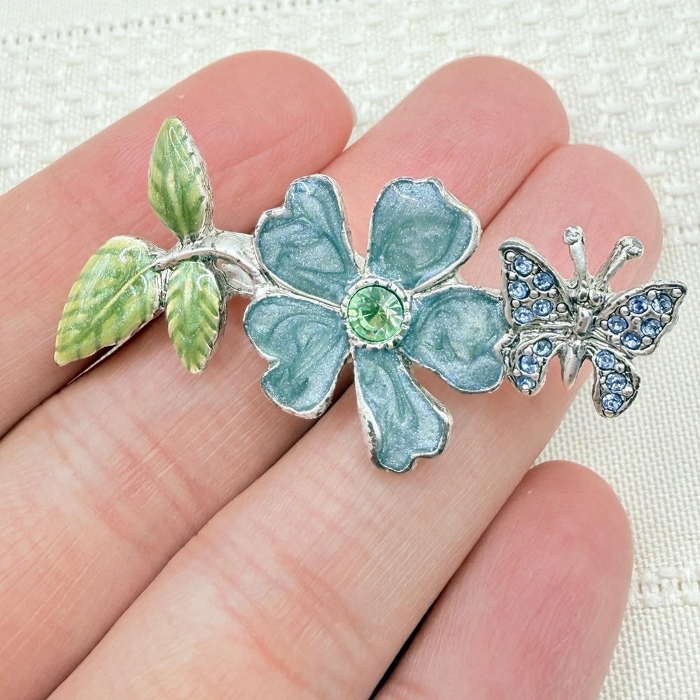 1928 Vintage Silver Tone Metal Blue Green Enamel Flower Butterfly Brooch